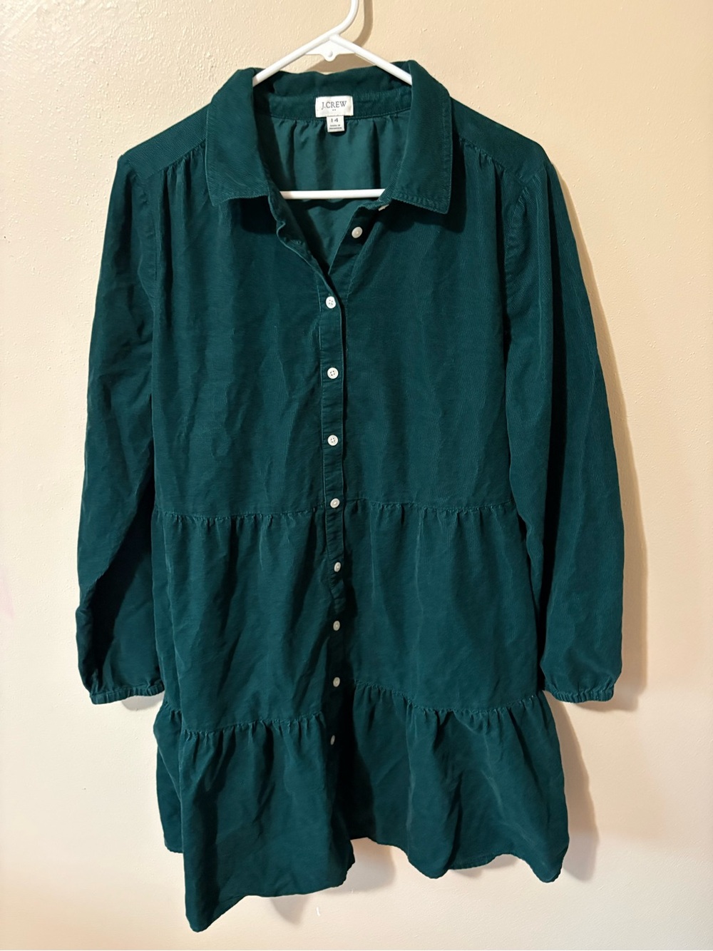 J. Crew Corduroy Tiered Button Up Dress Dark Green women’s size 14 100% cotton